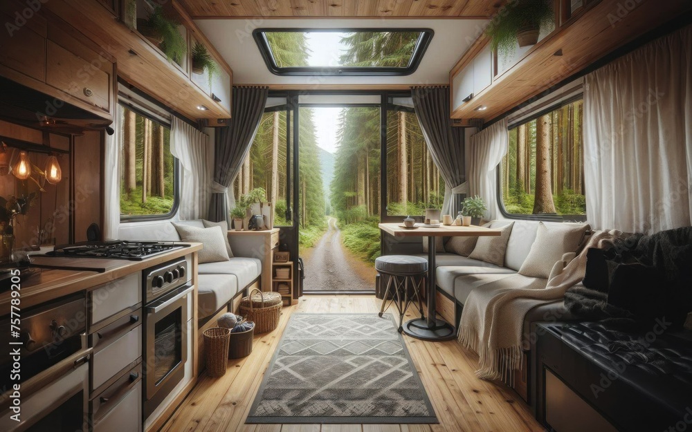 Interior of camper RV motorhome, window in camper van, relax and enjoy green forest. Freedom, travel concept Interior of camper RV motorhome, window in camper van, relax and enjoy green forest. Freedom, travel concept