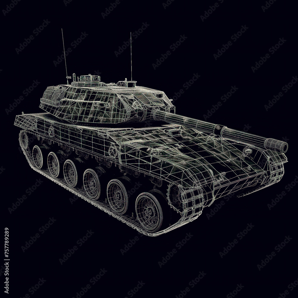 3d wireframe military tank on dark background