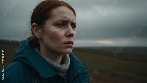 close up of anxious woman standing alone in an open field, gazing at the distant horizon