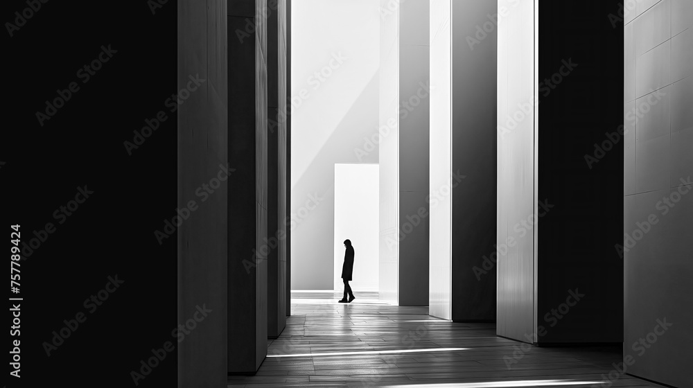 Solitary figure in minimalist architectural setting