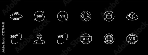 Virtual reality icon set. Horizons, games, VR 360 helmet, scrolling, inspection. White line icon on black background. Vector line icon for business and advertising