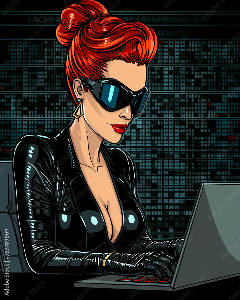Mrs. Hacker female hacker. poster in pop art style. dark background. woman in cyber ...