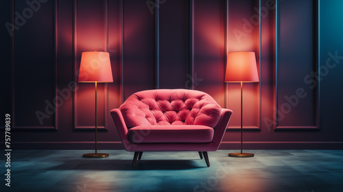 Beautiful Pink Sofa Chair on a Vibrant Color Room with Soft gentle Lights. Front view Couch armchair with Interior lamp and elegance mood    © MedRocky