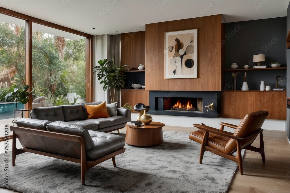 Fototapeta premium Mid-Century Lounge Area with Leather Chairs
