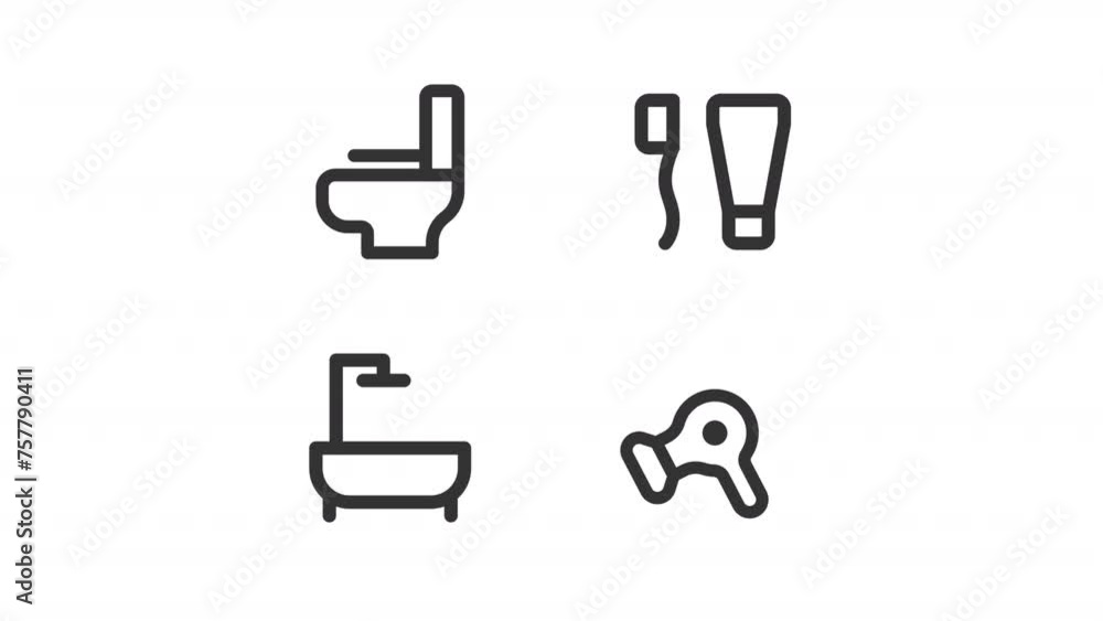 Animated bath icons. Bathroom amenities line animation library. Personal hygiene. Morning routine. Black illustrations on white background. HD video with alpha channel. Motion graphic Animated bath icons. Bathroom amenities line animation library. Personal hygiene. Morning routine. Black illustrations on white background. HD video with alpha channel. Motion graphic