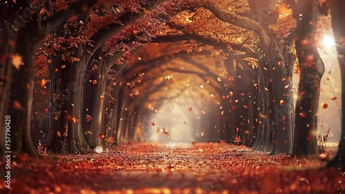 a tree lined pathway leading into a autumn colored park. seamless looping overlay 4k virtual video animation background photo
