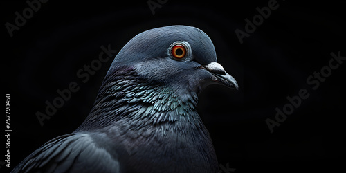 Portrait of a pigeon on a dark background with smoke and fog, 