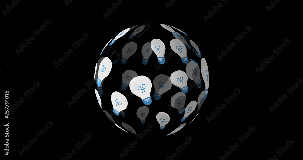 Digital image of light bulb icons arranged in a sphere rotating against a black background 4k Digital image of light bulb icons arranged in a sphere rotating against a black background 4k