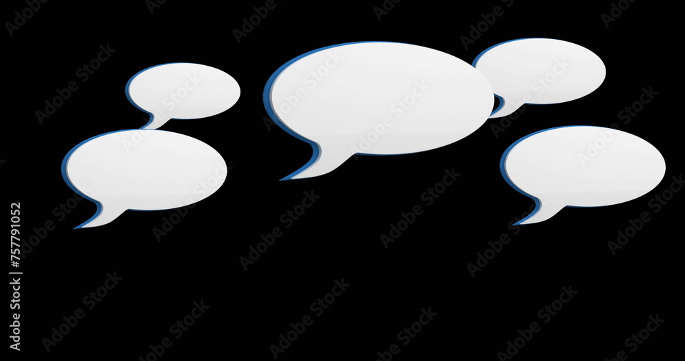 Digital image of white message bubble icons hovering in the screen against a black background 4k Digital image of white message bubble icons hovering in the screen against a black background 4k