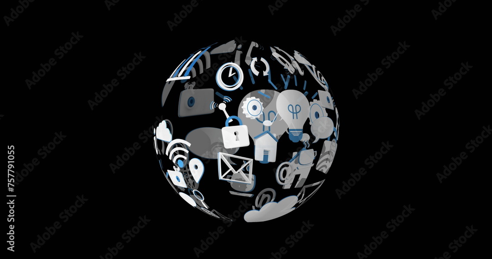 Digital image of different icons arranged in a sphere rotating against a black background 4k Digital image of different icons arranged in a sphere rotating against a black background 4k
