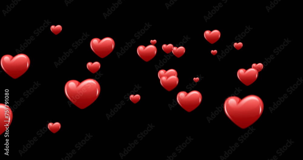 Digital image of red heart icons moving upwards in the black background 4k