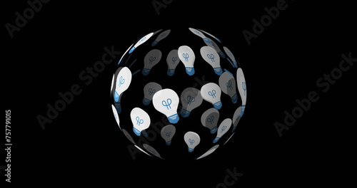 Digital image of light bulb icons arranged in a sphere rotating against a black background 4k