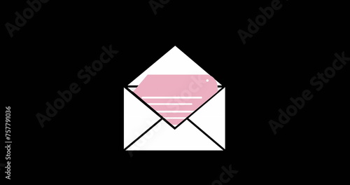 Digital image of a white envelope opening to a pink note against a black background 4k