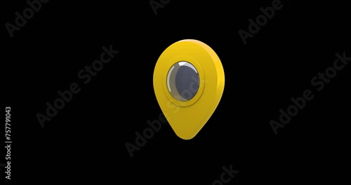 Digital image of a yellow map pin moving in the screen against a black background 4k