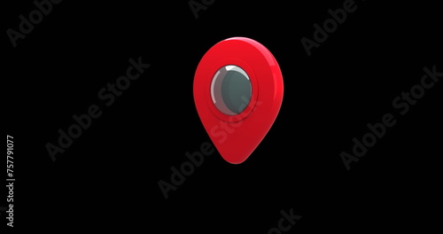 Digital image of a red map pin moving in the screen against a black background 4k