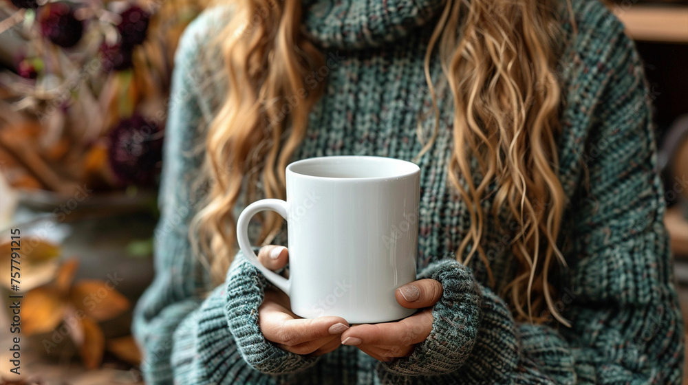 Female hand holding white mug with blank copy space for your advertising text message or promotional content, sweet coffee or tea. Made with generative ai Female hand holding white mug with blank copy space for your advertising text message or promotional content, sweet coffee or tea. Made with generative ai