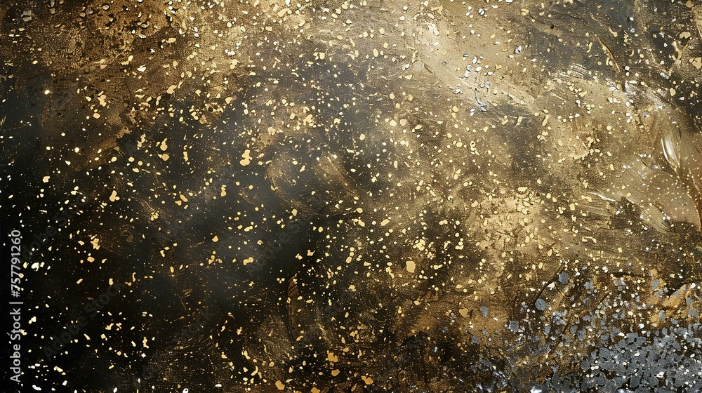 Abstract gold background. Gold glitter texture on black background. Golden explosion of confetti for celebration or festival copy space 