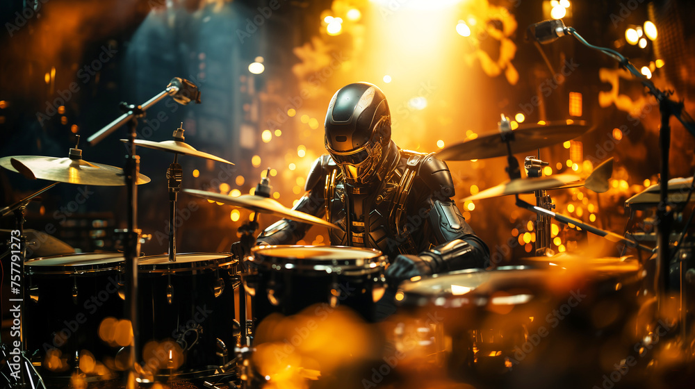 Fototapeta premium 3D render of a Robot playing the drums, concept creating music.