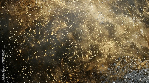 Abstract gold background. Gold glitter texture on black background. Golden explosion of confetti for celebration or festival copy space 