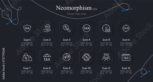 Tax icon set. Sight, timer, term, creditors, online purchase, inspection, interest. Neomorphism style. Vector line icon for business and advertising