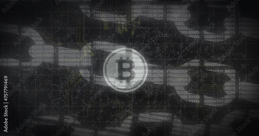 Obraz premium Security chain icon and bitcoin symbol over network of connections against black background