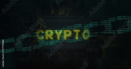Crypto text and microprocessor connections over security chain icon against black background
