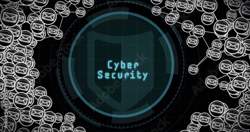 Network of message icons and cyber security text over round scanner against black background