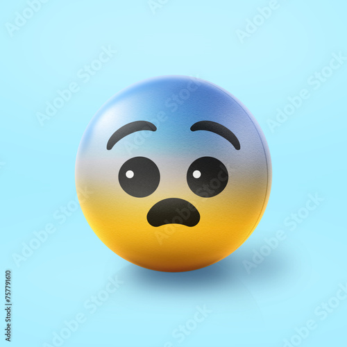 Fearful and scared Emoji stress ball on shiny floor. 3D emoticon isolated.