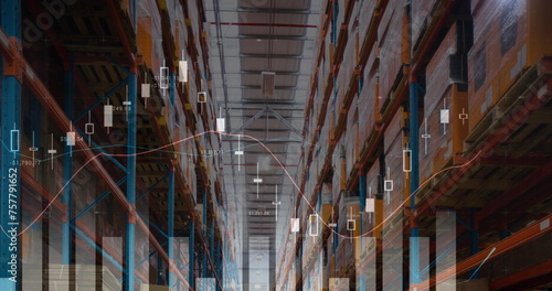 Image of data processing over empty warehouse