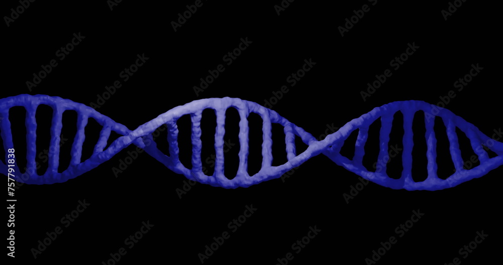 Image of dna strand over data processing on black background
