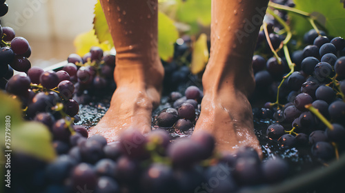 close-up of person’s bare feet crushing ripe grapes captures the essence of traditional wine-making