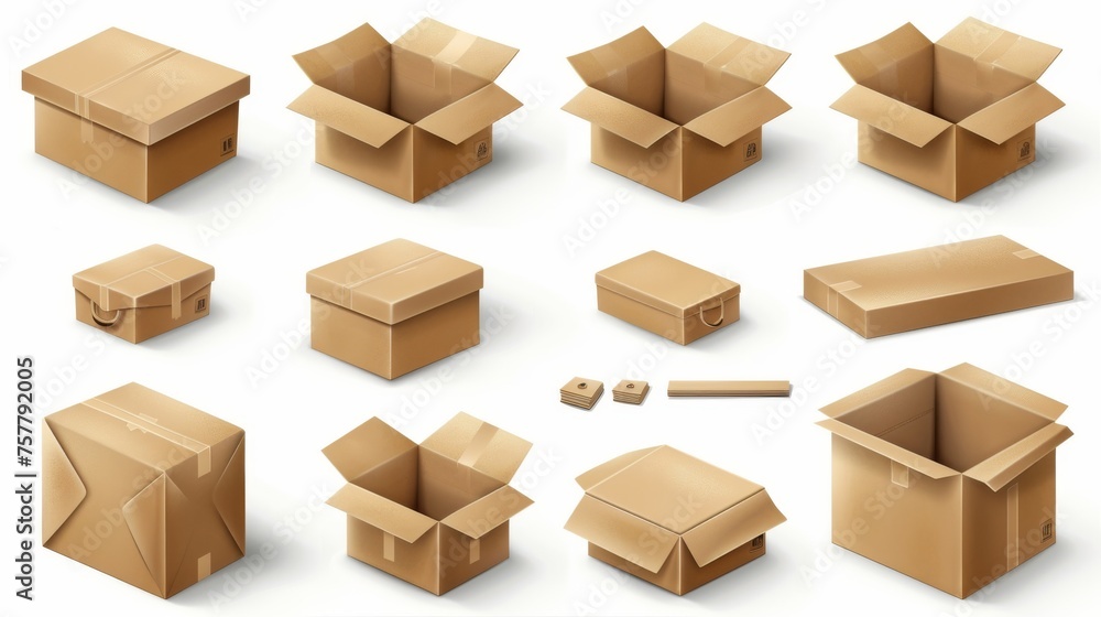 An empty cardboard box mockup set isolated on a white background. Modern realistic illustration of a 3D carton package for shipments, mail delivery, and parcels with a blank surface for packaging An empty cardboard box mockup set isolated on a white background. Modern realistic illustration of a 3D carton package for shipments, mail delivery, and parcels with a blank surface for packaging