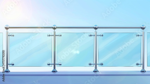 Horizontal transparent acrylic handrail for terrace guardrail and fence. Realistic modern illustration set of horizontal glass banisters with plexiglass panels and metal tubular beams. photo