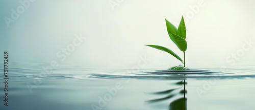 A small green plant is floating in a body of water, tranquility and peacefulness #757792459