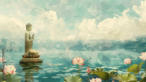 Tranquil Buddha: Serene Lake, Lotus Flowers, Peaceful Watercolor Painting