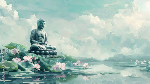 Tranquil Buddha: Serene Lotus Lake in Watercolor Style