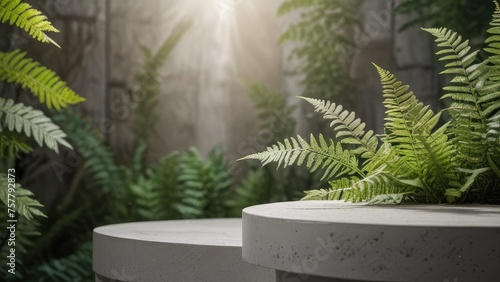 round granite podium decorated with fern leaves, 3D render for product presentation, cosmetics