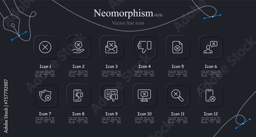 Cancel icon set. Thumbs down, file, cross, shield, magnifying glass, search. Neomorphism style. Vector line icon for business and advertising