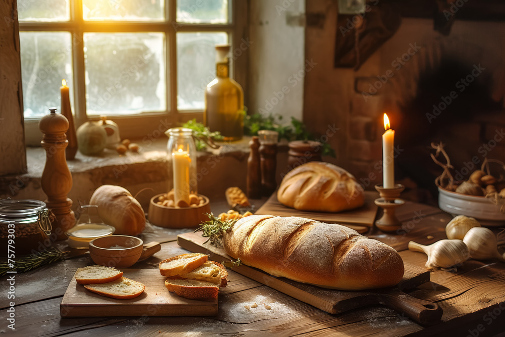 Freshly baked sourdough bread and pastries on a rustic kitchen counter