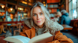 Attractive blonde woman reading a book in a cafe