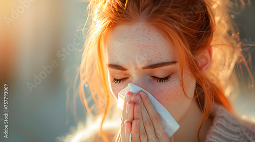 Redhead woman with allergy or sneezing. photo