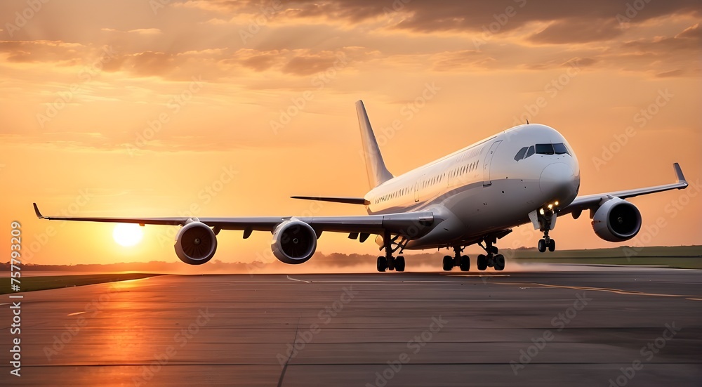 A large jetliner taking off from an airport runway at sunset or dawn with the landing gear down and the landing gear down, as the plane is about to take A large jetliner taking off from an airport runway at sunset or dawn with the landing gear down and the landing gear down, as the plane is about to take
