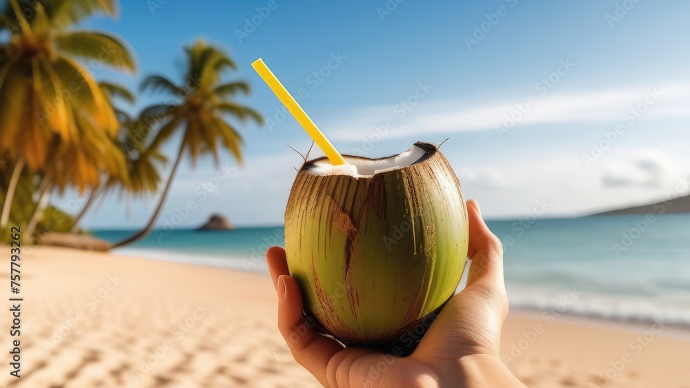 Tropical fresh coconut cocktail with straw on white beach with blue ocean and palm trees on the background, tropical,Holiday,resort concept Tropical fresh coconut cocktail with straw on white beach with blue ocean and palm trees on the background, tropical,Holiday,resort concept