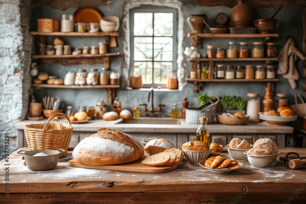 homemade fresh and big loaf of bread and ingredients in cozy rustic kitchen. food composition