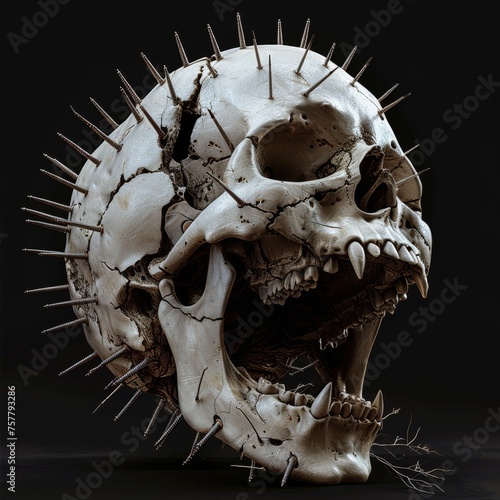 A Haunting Depiction of Pinhead, the Scream, and Nails Haunting a Skull Head. AI Generated Content