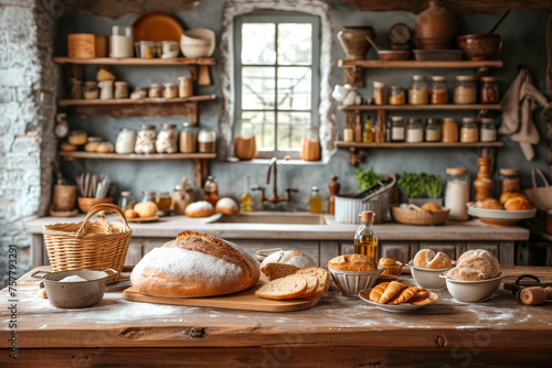 homemade fresh and big loaf of bread and ingredients in cozy rustic kitchen. food composition