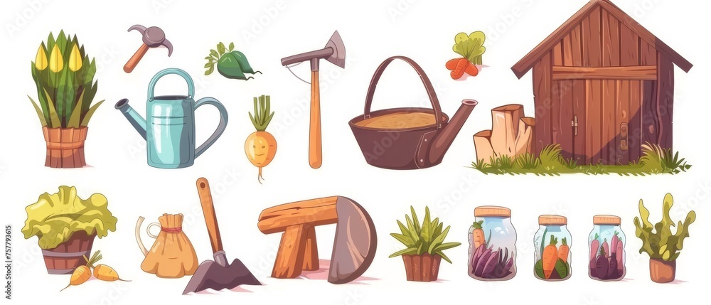 In the interior of a farm barn are elements and tools - watering can, grass scythe, ripe vegetables, and preservation in glass jars. Cartoon modern illustration set of ranch agriculture farming and