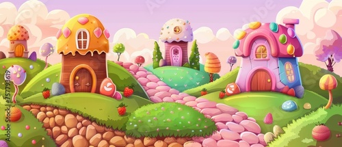 The landscape of a fantasy world with sweet dessert houses made of cake  cookies  chocolate  and caramel. Modern illustration of a landscape of a cute fantasy world with sweet dessert homes and
