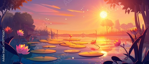Lotus flowers blooming in the Rainforest swamp at sunset. Modern illustration of beautiful scene with water lilies adorning the lake surface in shadows of jungle trees and plants.
