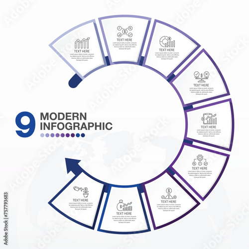 Blue tone circle infographic with 9 steps, process or options.